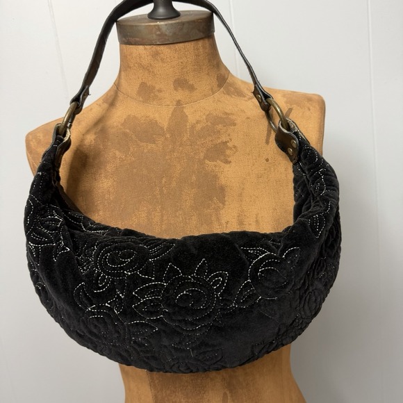 Y2K Black Velvet Embroidered Floral Hobo Shoulder Bag Indie Boho - Picture 5 of 9